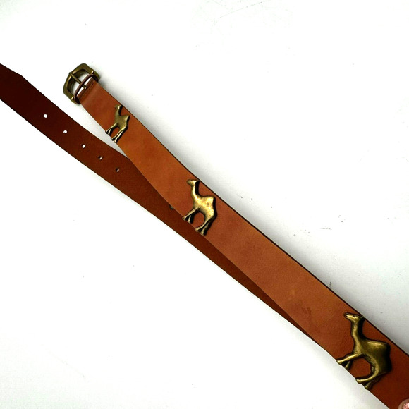 Women's Large Brown Leather Belt Gold Buckle Embellished Metal Camels Vintage - Picture 4 of 7
